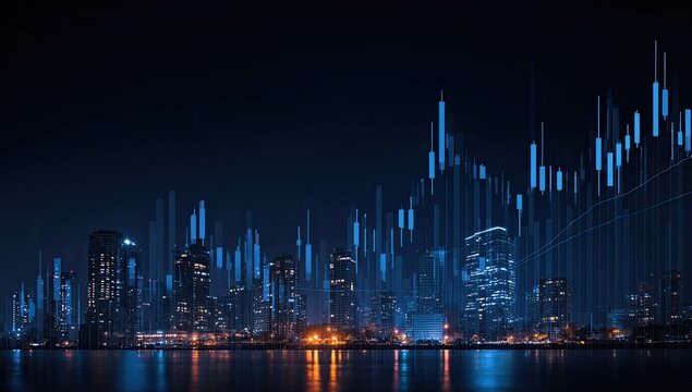 Night cityscape skyline overlaid with luminous blue financial candlestick charts reflecting in calm water