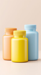 Vertical composition of colorful vitamin supplement bottles on pastel background, healthcare and pharmacy product packaging mockup with copy space.