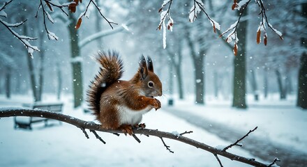 Winter Squirrel in Snowy Park.