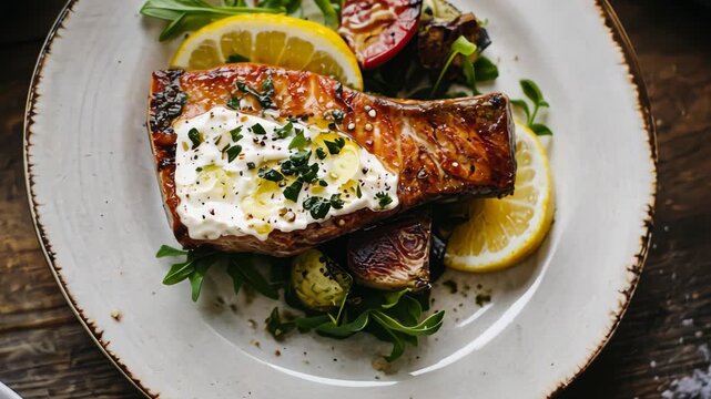 Delicious grilled salmon with lemony arugula salad: a visual delight of flavor and freshness