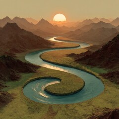 Serpentine river meanders through a sun-drenched valley, nestled between arid, reddish-brown mountains at sunset