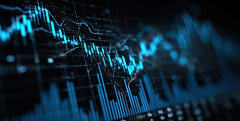 Close-up of a dark screen displaying dynamic blue candlestick and bar charts illustrating fluctuating financial data