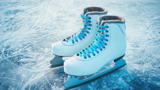 White ice skates with blue laces on icy surface