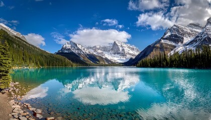 serene turquoise lake reflects majestic snow capped mountains under a cloudy blue sky