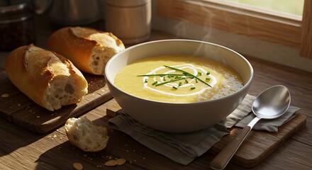 Warm Bowl of Creamy Vegetable Soup with Bread.