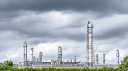 Fototapeta premium Industrial refinery complex with tall towers and pipes under cloudy sky, symbolizing petrochemical energy production, infrastructure, and environmental impact.