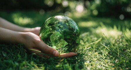 Two hands gently cradle a translucent green globe resting on vibrant green grass, bathed in sunlight