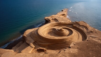 Aerial view of a spiraling sandstone formation on a coastal cliff, meeting a calm blue sea under a clear sky