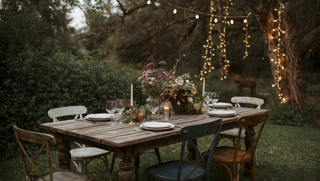 Rustic outdoor dining setup featuring a weathered wooden table set for a meal, with mismatched chairs in varying earthy tones, a mason jar filled with an assortment of fresh wildflowers, simple cerami