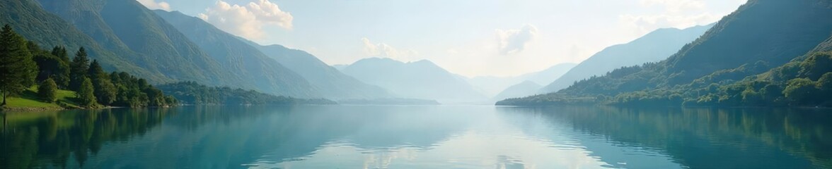 Obraz premium Serene landscape reflecting the inherent Buddha nature; peaceful mountains, tranquil lake, clear sky, sunlight on water Perfect for meditation, mindfulness, spiritual themes , zen, buddha nature