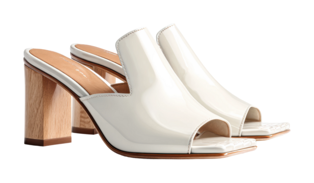 Elegant white heeled mules fashion store footwear showcase modern boutique top view isolated on transparent background, png