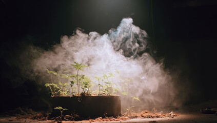 Small plants sprout from a rusty container, enveloped by thick, ethereal smoke under a single spotlight in a dark, possibly abandoned, space