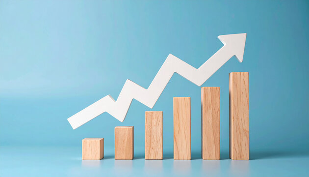 Wooden white arrow rise up on blue background. Investment, business growth. Close-up. - Powered by Adobe