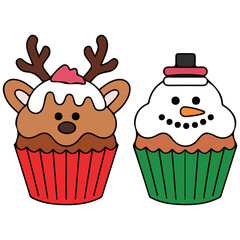 Christmas cupcake icing shape deer Santa hat isolated vector illustration on white background