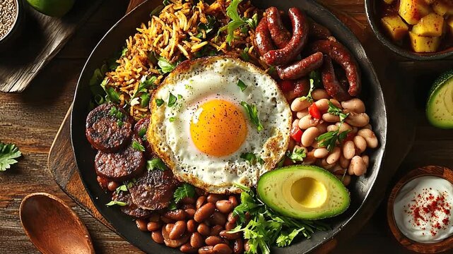 traditional bandeja paisa, antioquia cuisine, zoom in video
