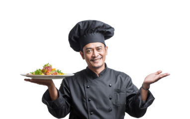 Culinary masterclass chef presenting gourmet dish restaurant kitchen food isolated on transparent background, png