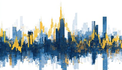 Abstract cityscape in navy, gold, and white, depicted with a painterly, textured effect, suggesting a modern urban skyline