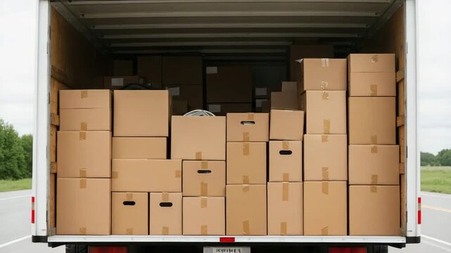 Stacked cardboard boxes in the back of a moving truck on road  