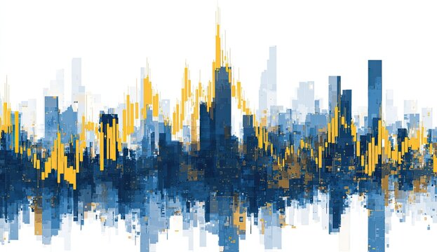Abstract cityscape in navy, gold, and white, depicted with a painterly, textured effect, suggesting a modern urban skyline