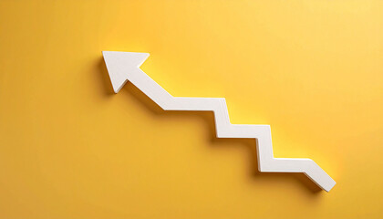 Wooden white arrow rise up on yellow background. Investment, business growth. Close-up.