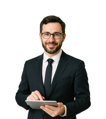 Business professional using a tablet office corporate environment isolated on transparent background, png