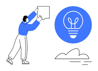 Person reaching to fit puzzle piece near glowing light bulb icon, symbolizing ideas and innovation. Ideal for teamwork, creativity, brainstorming, solutions, startups, education, simple landing page