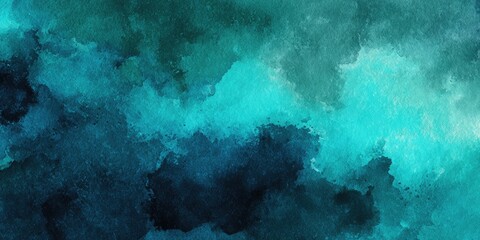 Obraz premium Abstract watercolor painting in teal, turquoise, and dark blue hues, showcasing a blend of light and dark shades with a cloudy, textured effect