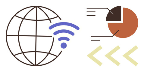 Globe with wireless signal, segmented pie chart, and arrows. Ideal for technology, communication, analytics, data sharing, internet innovation business insights. Simple flat metaphor