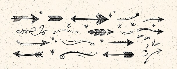 Hand-drawn collection of diverse arrows, varying in style and direction, featuring simple, ornate, and stylized designs on a speckled beige background