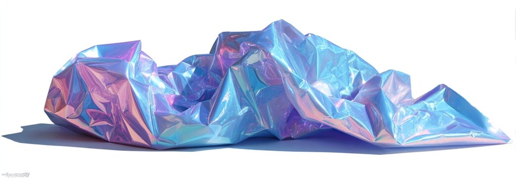Iridescent, crumpled fabric; pastel blue, pink, and purple hues create a lustrous, sculptural form against a stark white background, casting a subtle shadow - Powered by Adobe