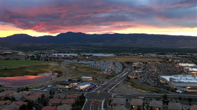 Aerial Timelapse of Vibrant Colorful Sunset over South Reno Neighborhood 
