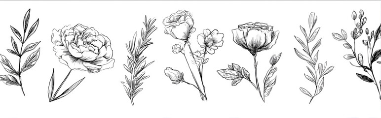 Set of handdrawn vector line art of various flowers and leaves including peonies roses rosemary and olive branches The style is modern minimalistic and simple.