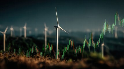 Miniature wind turbines and trees represent investment in clean energy for positive financial growth in the future economic market