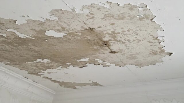 Damaged ceiling with peeling paint and water stains in indoor setting  