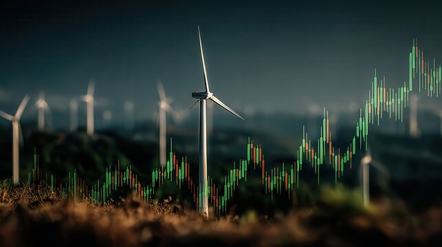 Miniature wind turbines and trees represent investment in clean energy for positive financial growth in the future economic market - Powered by Adobe