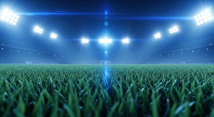 An expansive view of a soccer stadium field, bathed in the vibrant glow of stadium lights at night.