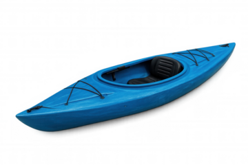 Blue kayak positioned in studio setting, floating against transparent backdrop with adventure potential