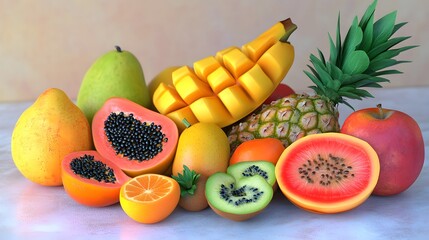 Vibrant Tropical Fruit Still Life,  Mango, Papaya, Pineapple, and More