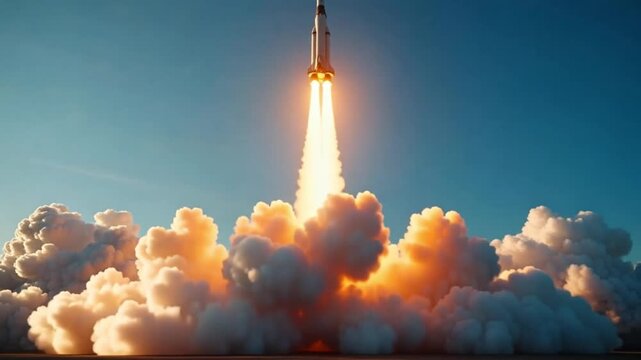 Rocket blasting off into the blue sky with a trail of smoke and fire during the daytime scene