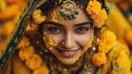 Close up of young woman celebrating haldi ceremony in india with yellow flowers and paste on face and headdress, smiling happily