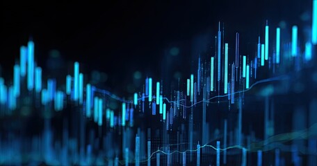 Abstract digital rendering of dynamic blue financial data visualized as fluctuating bars and lines on a dark background, suggesting market trends and volatility