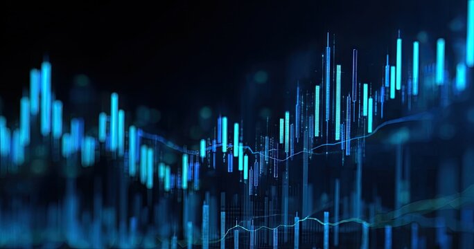 Abstract digital rendering of dynamic blue financial data visualized as fluctuating bars and lines on a dark background, suggesting market trends and volatility