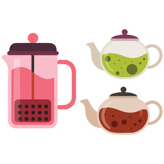Set teapots French Press cups glass teapots different tea isolated vector illustration on white background