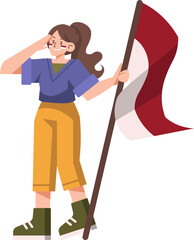 Illustration of a patriotic girl saluting and holding the red and white flag of Indonesia.