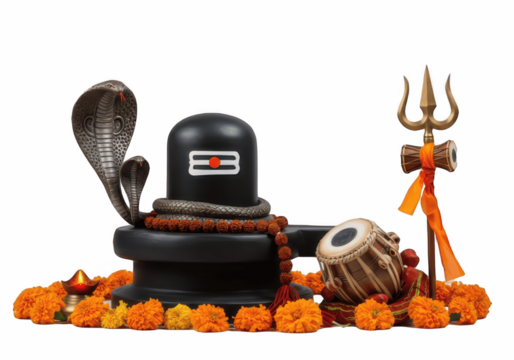Shiva Lingam with Trident, Snake, and Marigold Flowers – Religious Hindu PNG Illustration on Transparent Background