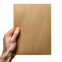 Hand holding blank brown envelope minimalist design view isolated on transparent background, png