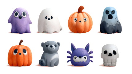 Obraz premium Cute Halloween clipart set with 3D plasticine ghost, pumpkin and skull characters
