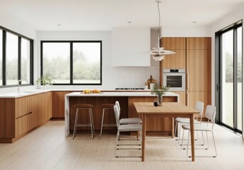 Fototapeta premium Modern Scandinavian-Inspired Kitchen and Dining Area with Light Wood Cabinets, White Countertops, and Large isolated