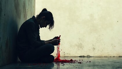 A shadowed figure sits alone, clutching a bloodied object, head bowed low, consumed by remorse and the weight of their actions , crime, consequences