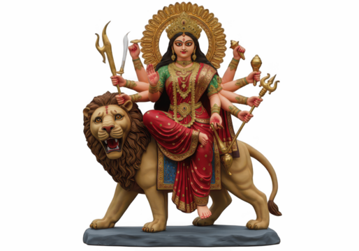 Goddess Durga Riding Lion – Powerful Divine PNG Illustration on Transparent Background